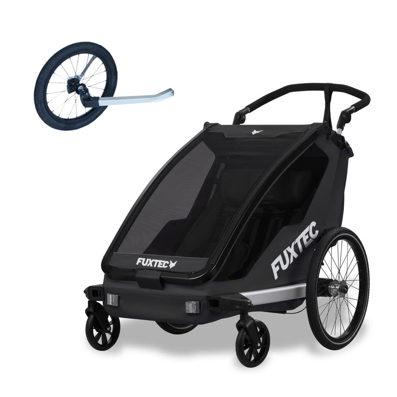 Fuxtec 2in1 Fahrradanhänger Buggy mit Joggerrad FX-FA1-SET mit Anhänger für 2 Kinder aus Aluminium - Faltbarer Kinderanhänger mit Regen- und Sonneschutz