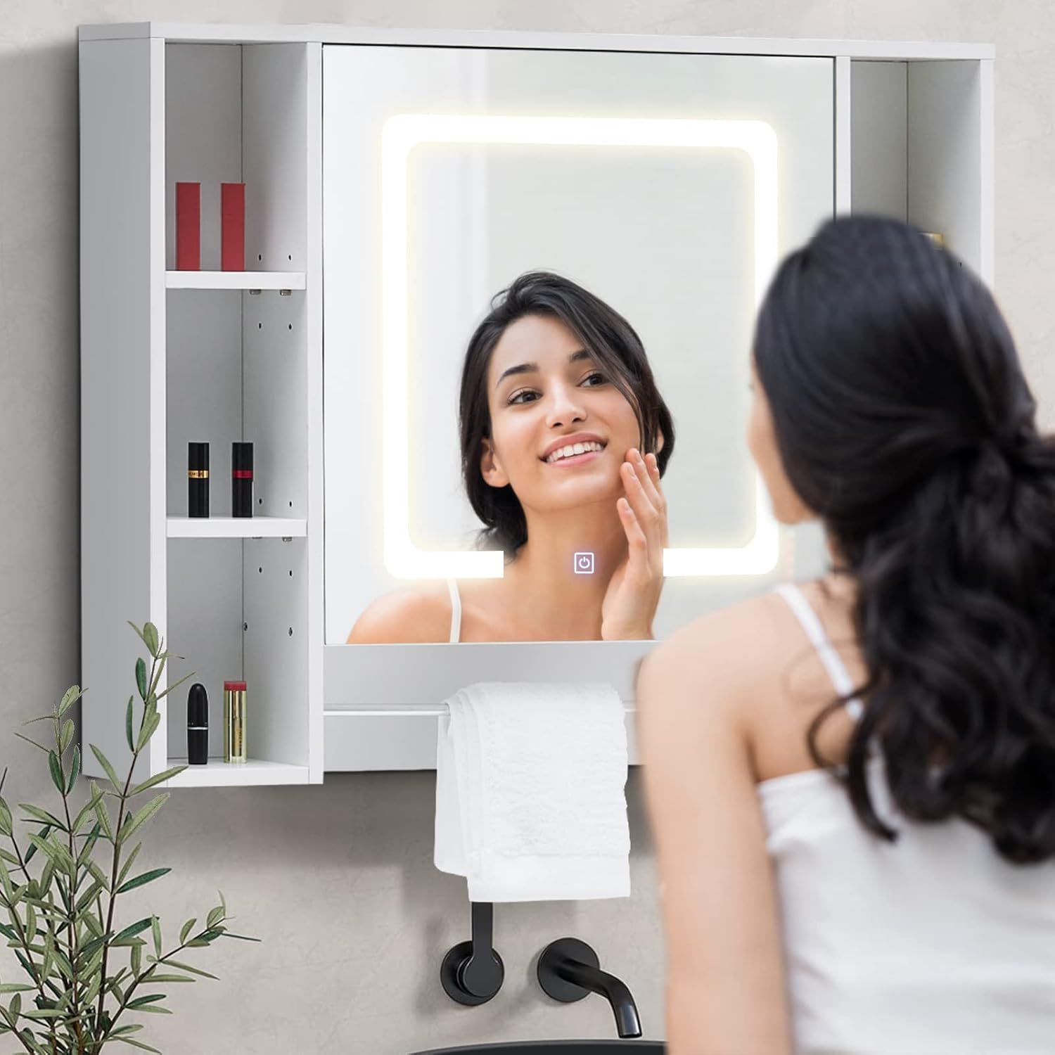 CLIPOP Armadietto da bagno con specchio illuminato a LED, armadietto da parete con ripiani regolabili in altezza e rack a torre, armadietto con specchio per soggiorno, bagno e WC