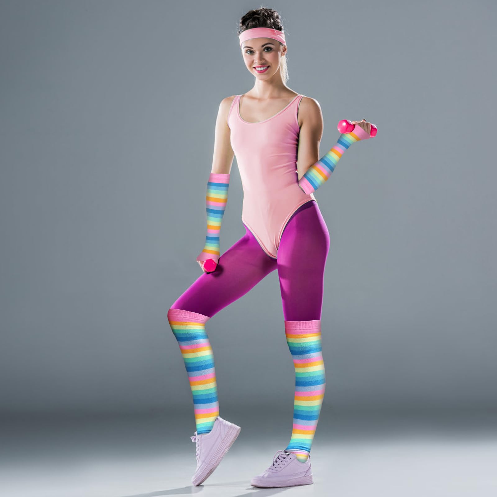 Ibeauti 8 Pcs Womens Striped Knee High Socks Stockings Y2K Goth Knitted Long Arm Warmer Fingerless Gloves Set: 4-rainbow Color