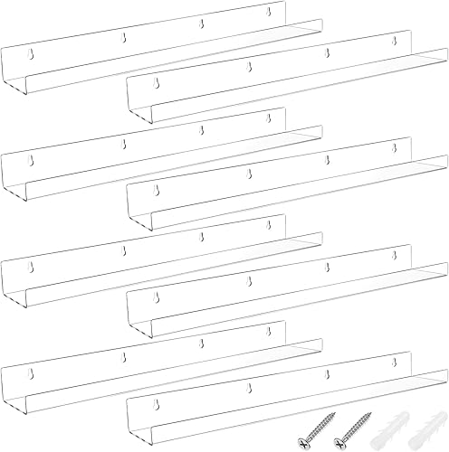 Kathfly 8 Pcs 24 Inch Clear Acrylic Floating Shelves Wall Mounted Invisible Storage Ledge for Book, Makeup Spice Picture Toy Display in Bathroom