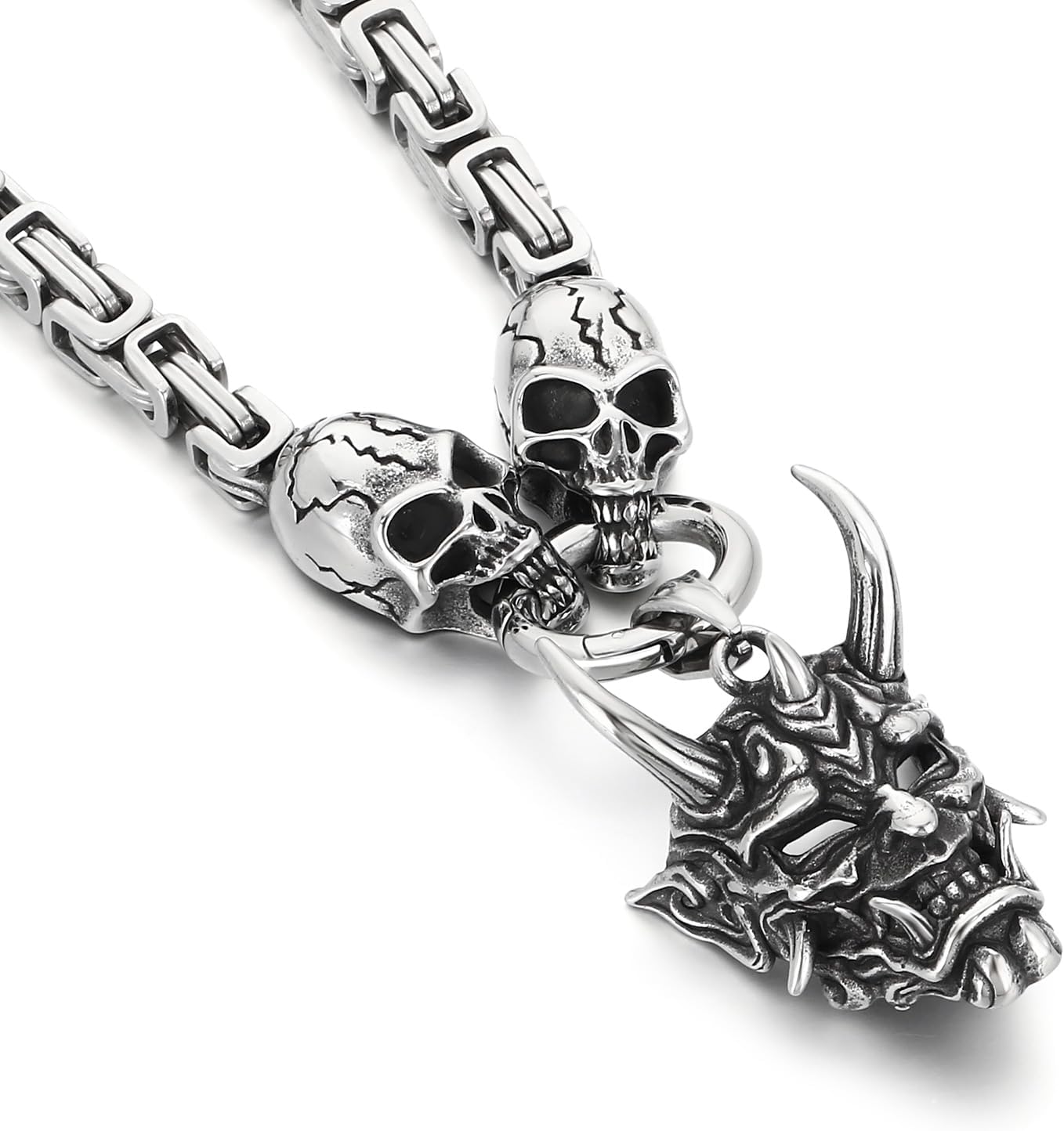 Gothic Skull Snake Necklace for Men Women Stainless Steel Silver Tone Cuban Link Chain Punk Retro Mens Jewelry Pendant Necklace