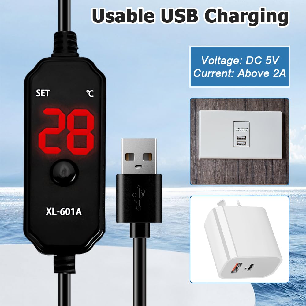 DONGKER Riscaldatore Acquario,10 W/15 W 5 V 2 A USB Riscaldamento Sommergibile per Acquari 17 ℃-34 ℃ Regolabile con Display Digitale a LED per Serbatoio Pesce e Tartarughe da 3-5 Litri