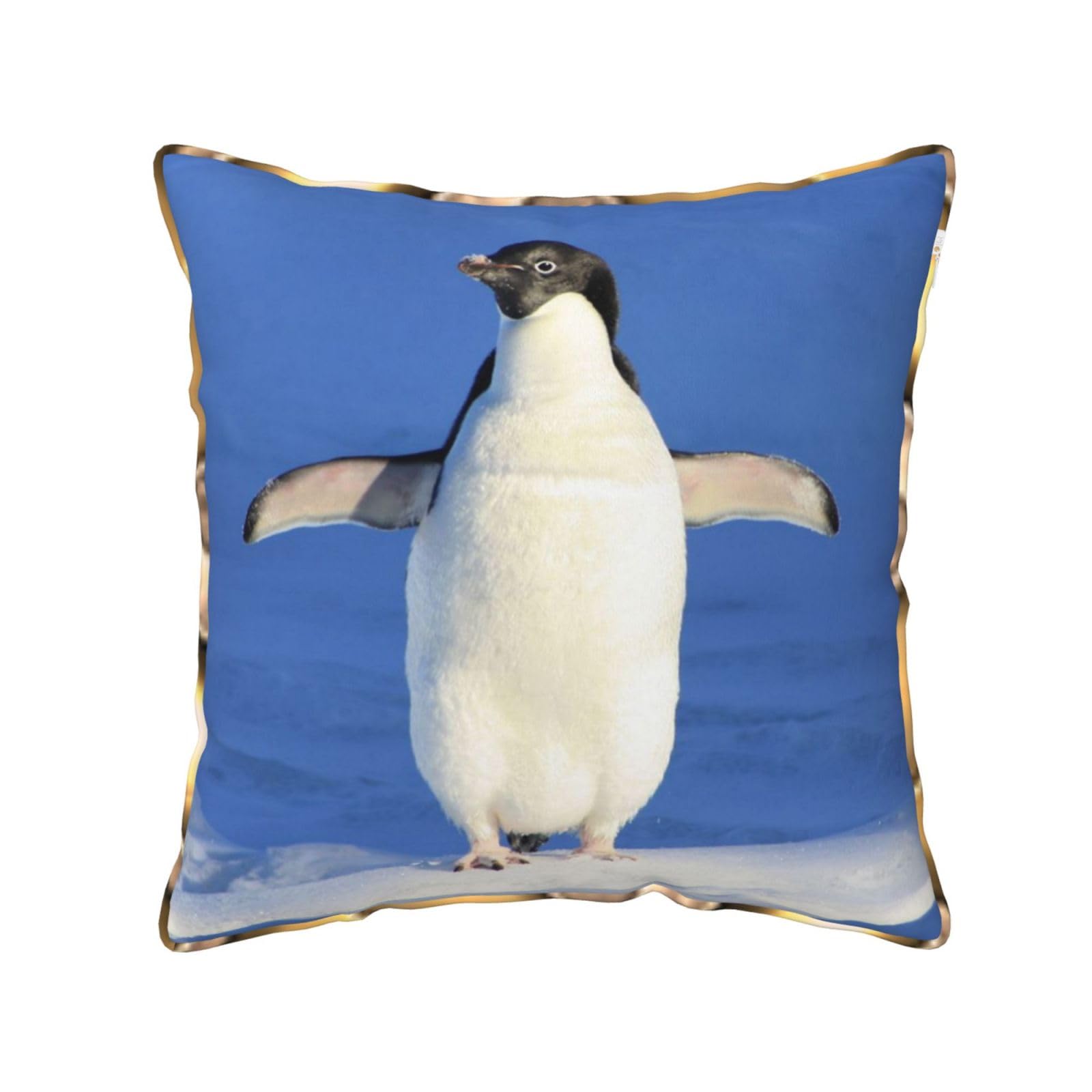 AUBKFELD Cute Penguin Printed Velvet Cushion Cover 45x45 CM with Gold Edging Strip, Square Pillowcase Soft Throw Pillow Covers Case Decorative for Living Room Sofa Couch Bed Bench