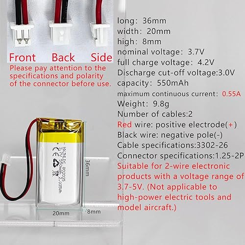 Miniatura 2 de DC 3.7V 550mAh 802035 Batería recargable de polímero de litio, adecuada para productos electrónicos de bricolaje 3.7-5V con reemplazo de batería de