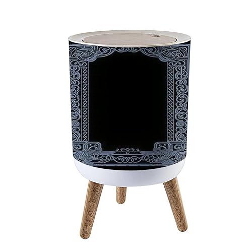 Cubo de basura pequeño con tapa, marco de diseño vikingo escandinavo, estilo escandinavo, floral, redondo, cubierta de prensa, papelera de madera