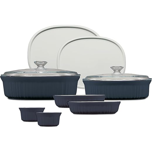 CorningWare Ceramic Bakeware Set with Lids Chip and Crack Resistant Stoneware Baking Dish, Microwave, Dishwasher, Oven, Freezer and Fridge Safe, 10-Piece French Navy