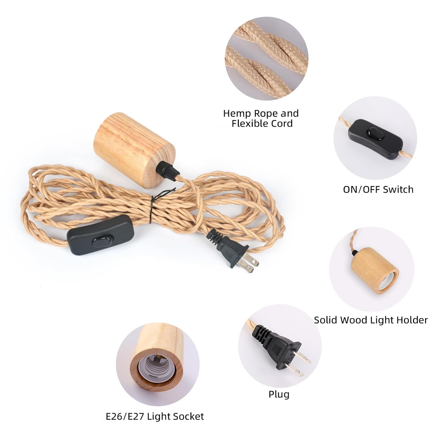 Arturesthome Wood Pendant Light Cord Kit with Switch, 23FT Vintage Industrial Hanging Light Plug in Lamp Cord with Twisted Nylon Rope Lights Socket E26 E27 for Farmhouse Lamp Cable Retro DIY