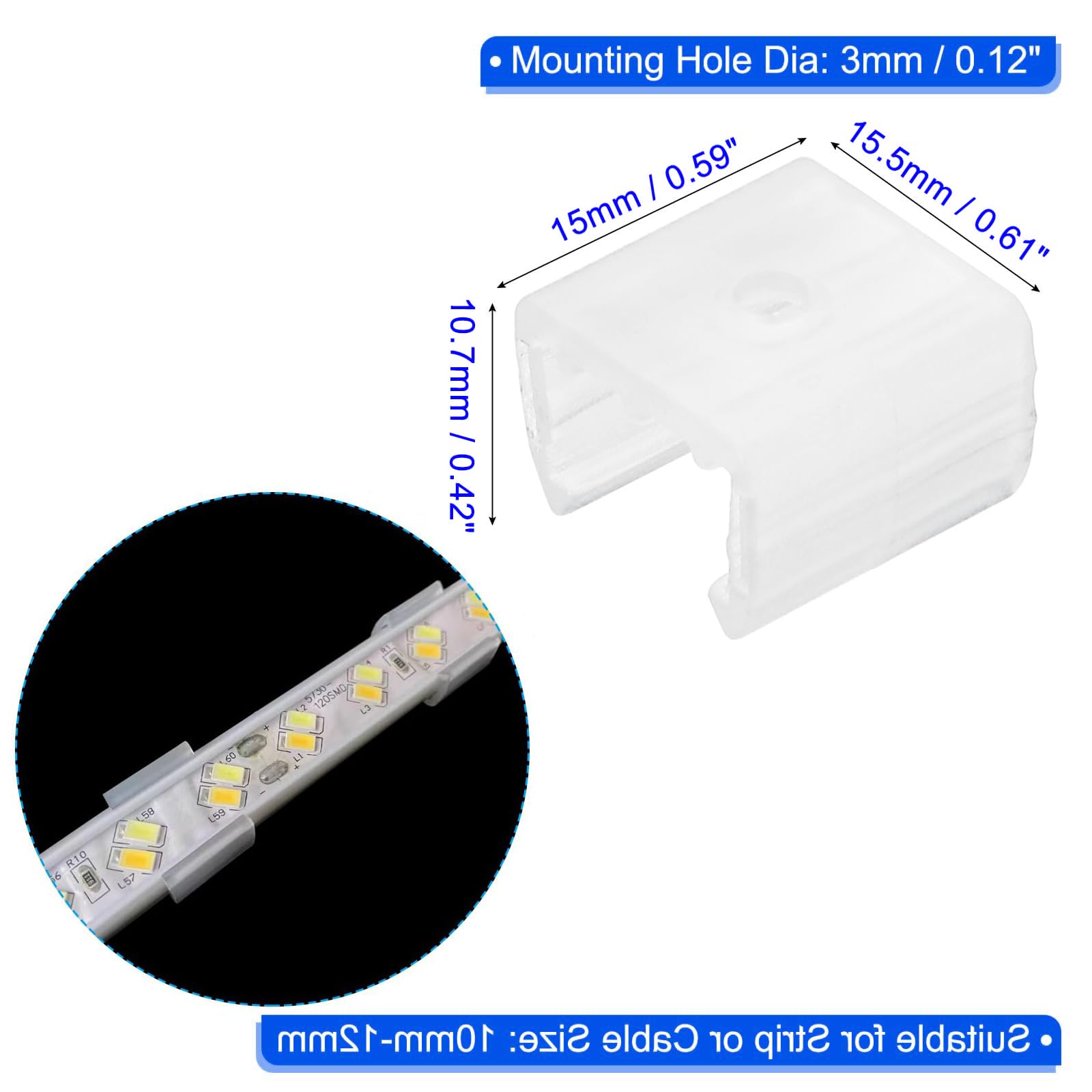 MACHSWON LED Strip Light Clips 100Pcs Mounting Bracket Fixing Clips Plastic Clamp Holders with Screws for 10mm-12mm Neon RGB Light Cable Ribbon Translucent - Image 2