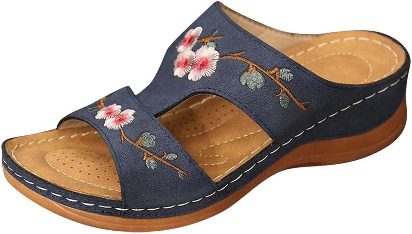 HAOLEI Womens Orthopedic Shoes Sale Clearance Comfy Sliders Summer Flat Leather Sandals Embroidery Flower Low Wedge Open Toe Breathable Slippers Sandals Ladies UK Size 3-7.5