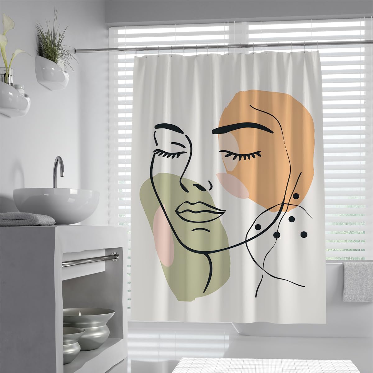 UIRINGART Boho Female Face Abstract Shower Curtain W120xL200cm Contemporary Fine Line Art Mustard Sage Fabric Rustproof Grommets Washable Apartment Essentials Bathroom Curtain With Hook