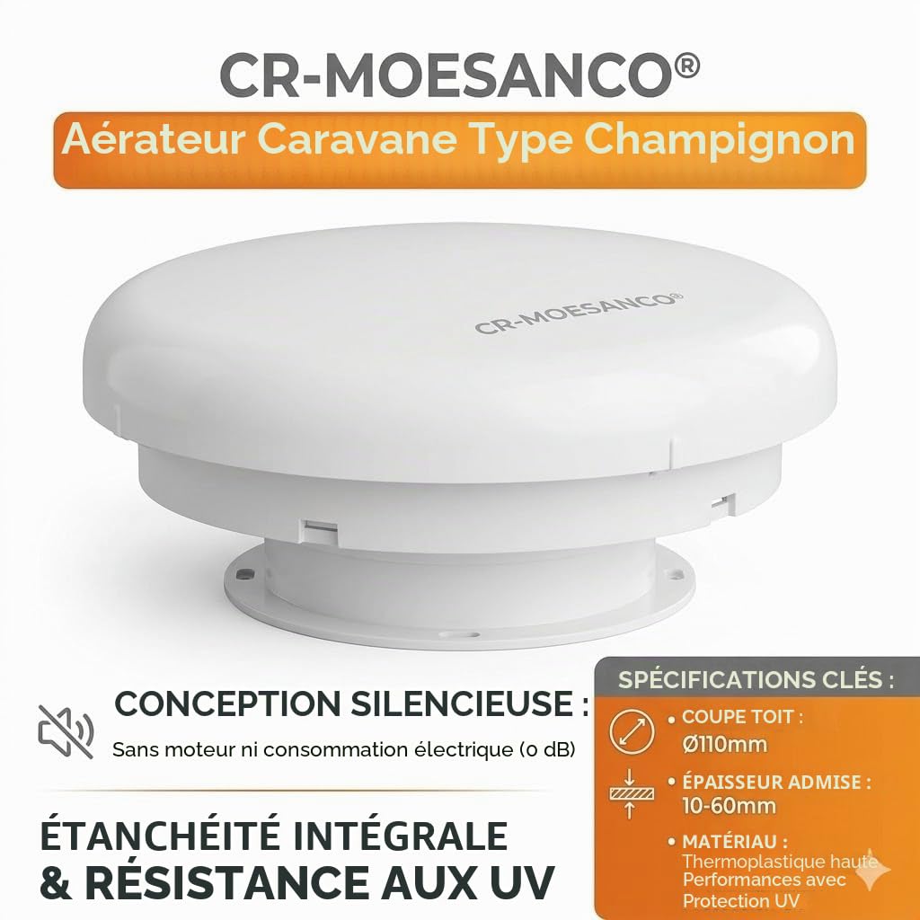CR-MOESANCO® Aérateur Champignon pour Camping-Car et Van Aménagé | Extracteur de Ventilation de Toit Permanent Anti-Condensation et Humidité | Découpe Ø110mm (Blanc)