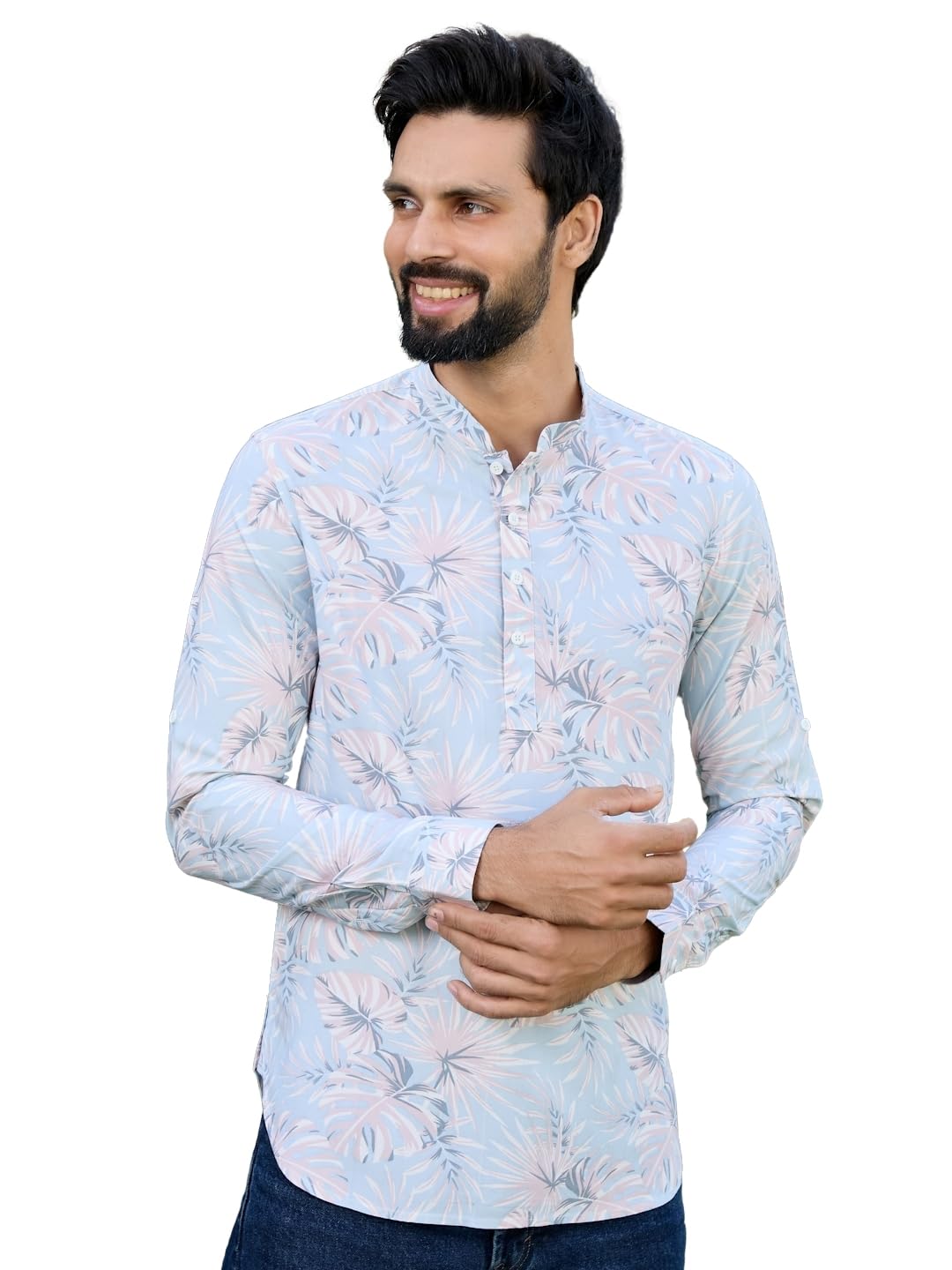 See Designs Men's Roll-Up Sleeve Mandarin Collar Blue-Pink Tropical Printed Rayon Short Kurta - Sdkt2933Xl