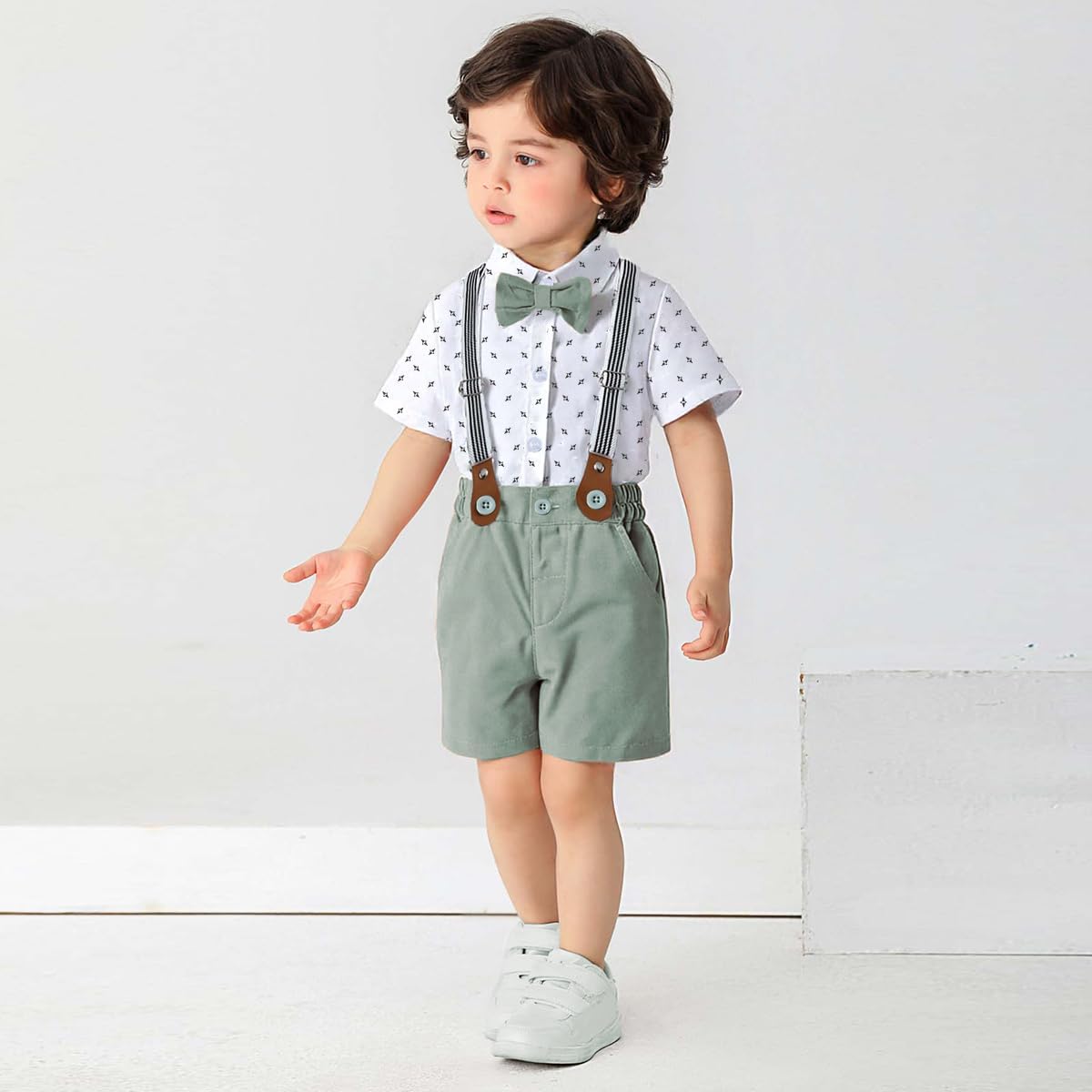 Baby Boys Gentleman Shorts Sets, Infant Outfits Suits, Shirt+Shorts+Bow Tie+Suspenders - Image 2