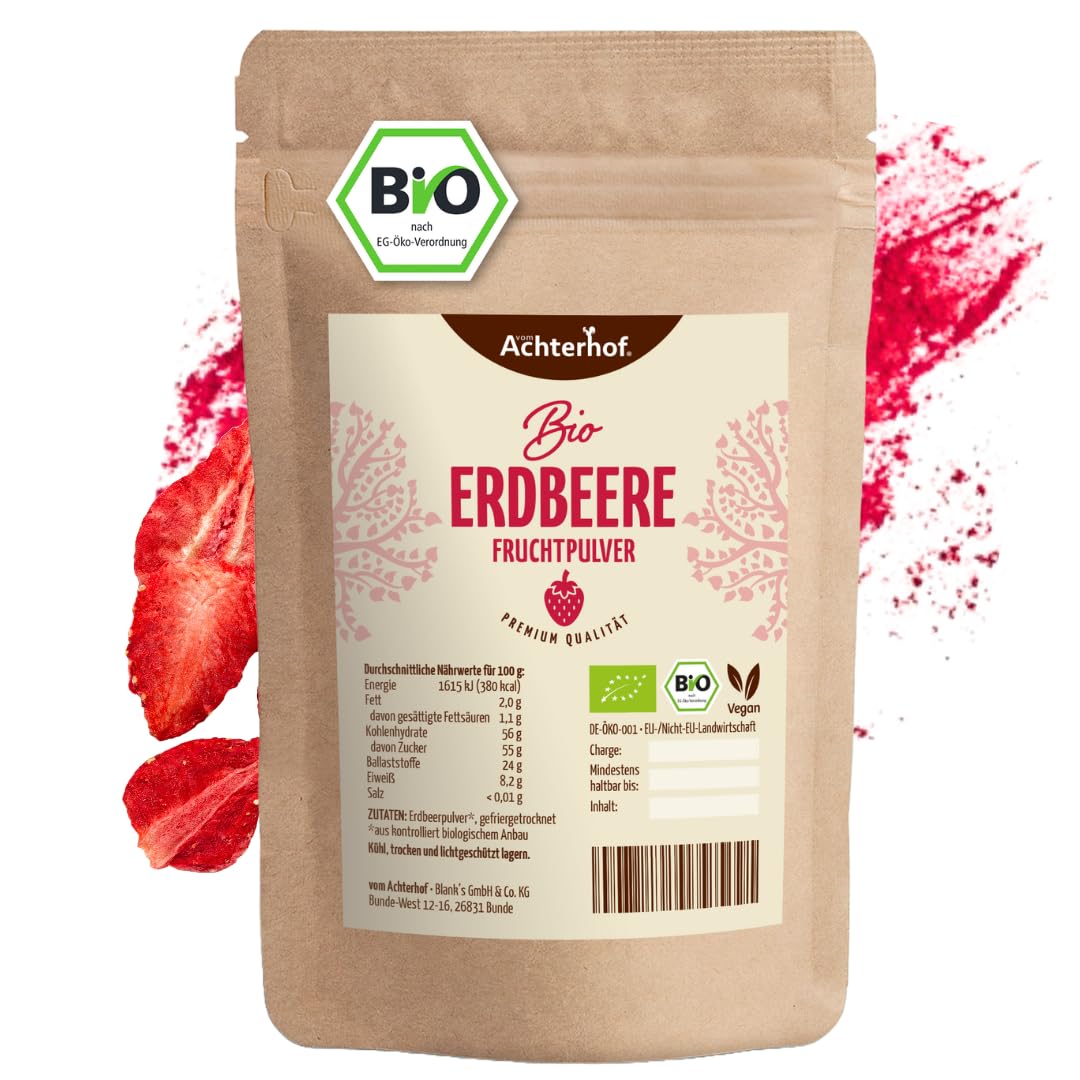 Fruchtpulver Erdbeere Bio 250g | naturreines, aromatisches Fruchtpulver | aus 100% Bio-Erdbeeren | für Shakes, Smoothies, Müslis uvm. | vom Achterhof