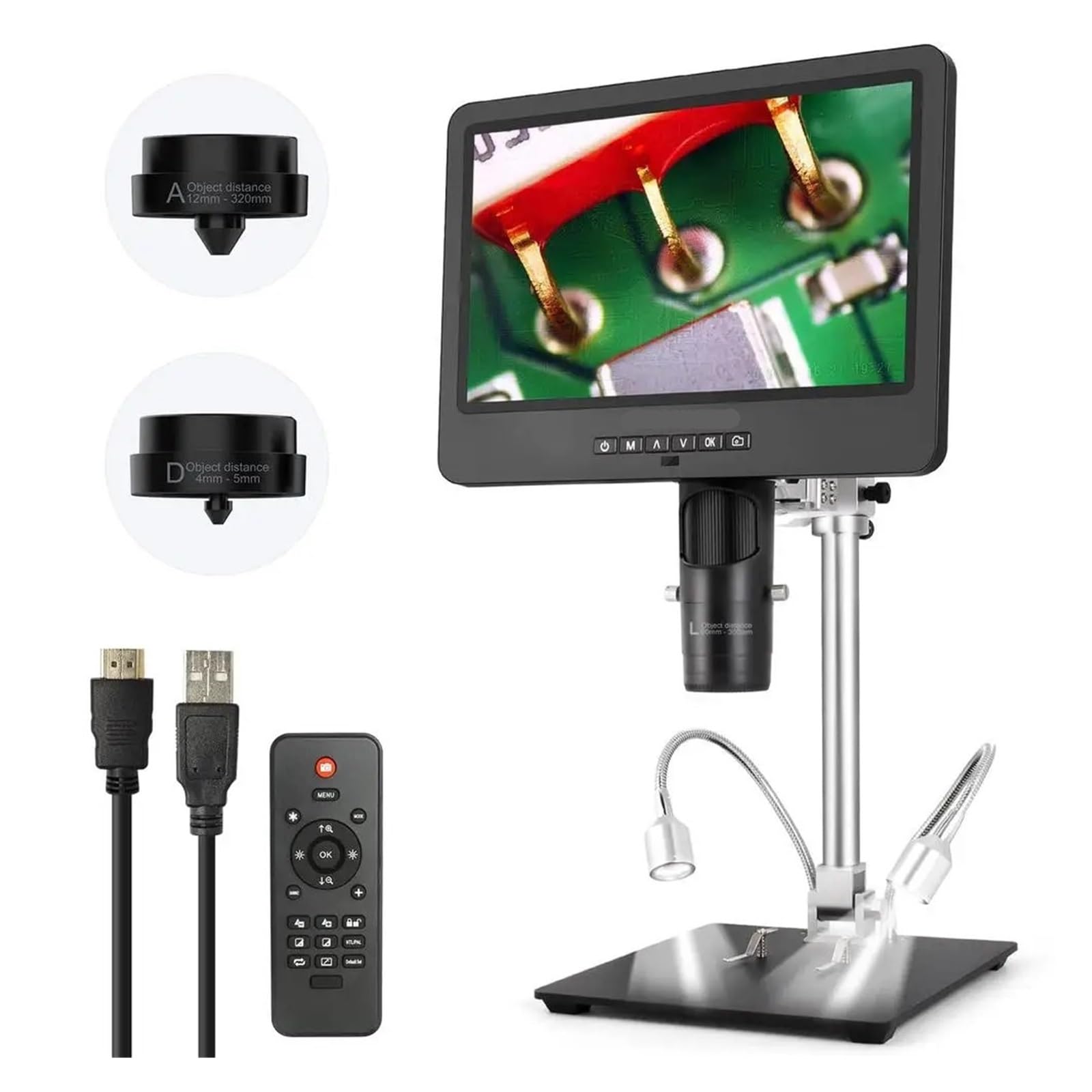 3 Lens 10.1" LCD Digital Microscope 2000x 24MP Soldering Metal Stand Adjustable Vertical Horizontal Observation