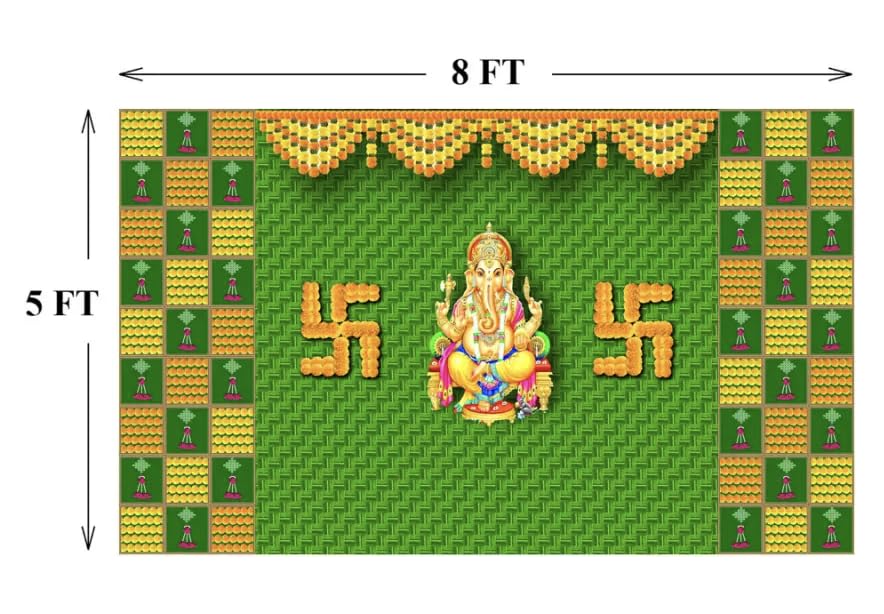 Image of Banana Leaf Design Backdrop Decoration Pooja Cloth (5 * 8 FT) (Banana 14)