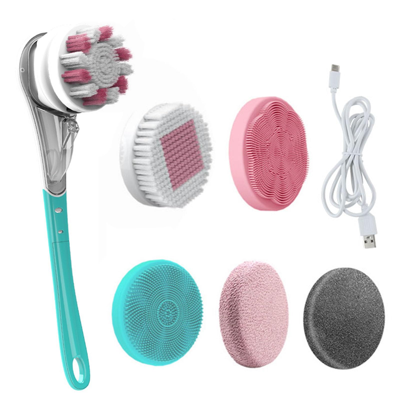 Elektrische Duschbürste,Körperbürste Rückenbürste mit Langer Griff,Rückenbürste Dusche Massagebürste mit 6 Reinigungsköpfen,Elektrisch Duschbürste Badebürste für Spa Dusche Peeling Massagebürste(Blau)