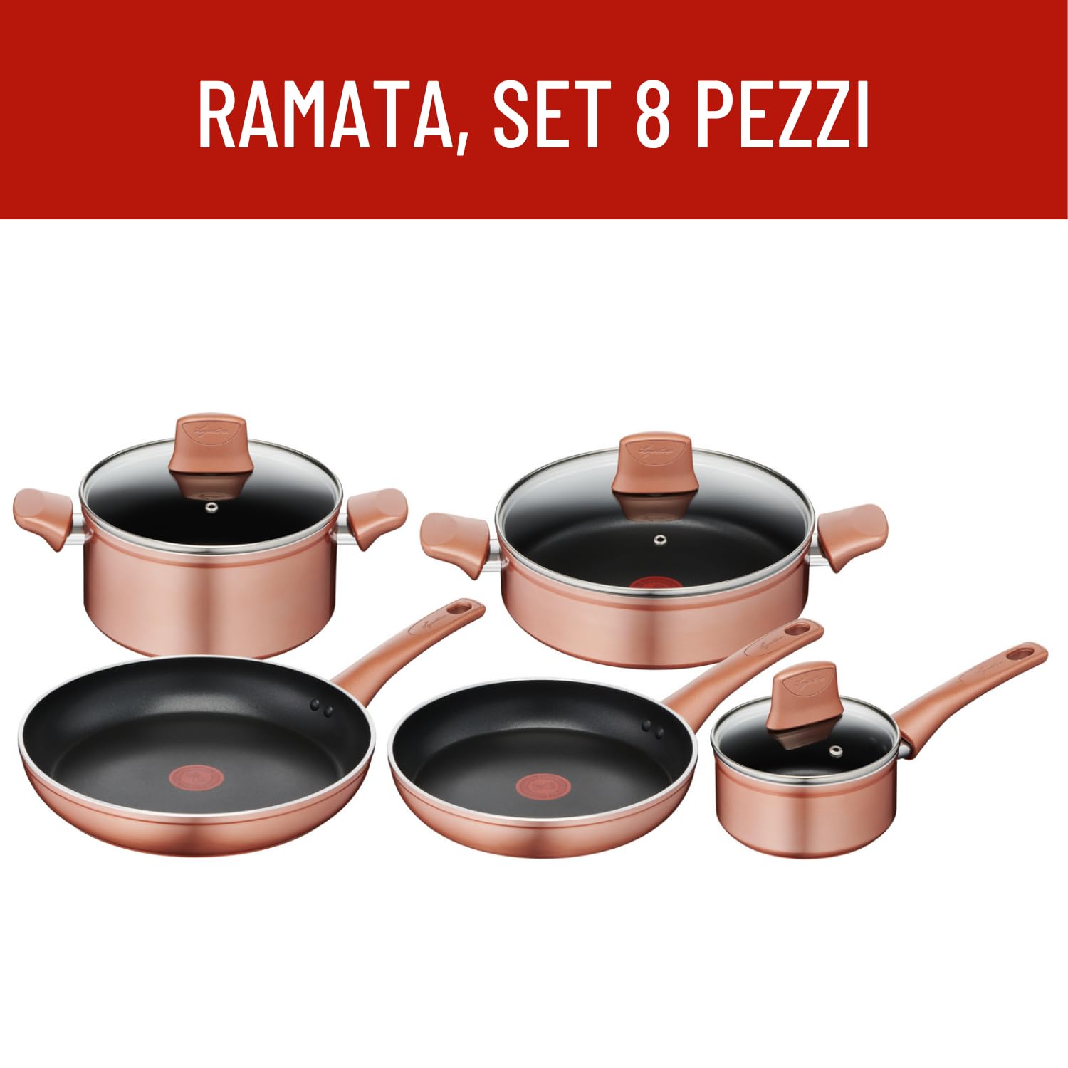 Lagostina Set di Pentole e Padelle Antiaderenti in Alluminio per Gas e Forno 8 Pezzi, Esterno Effetto Rame, Indicatore Cottura Thermo-Signal, con 2 Casseruole, 2 Padelle, Tegame, 3 Coperchi