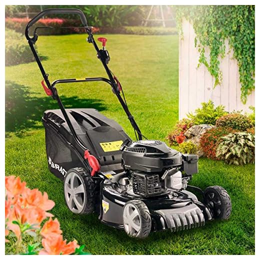 BRAST Tondeuse Thermique, autotractée, 46 cm, 3,5kW (4,7 CV), 170cc bac 60 l, Moteur 4 Temps , Mulching -5 MODÈLES- châssis en tôle d'acier, 4 en 1-