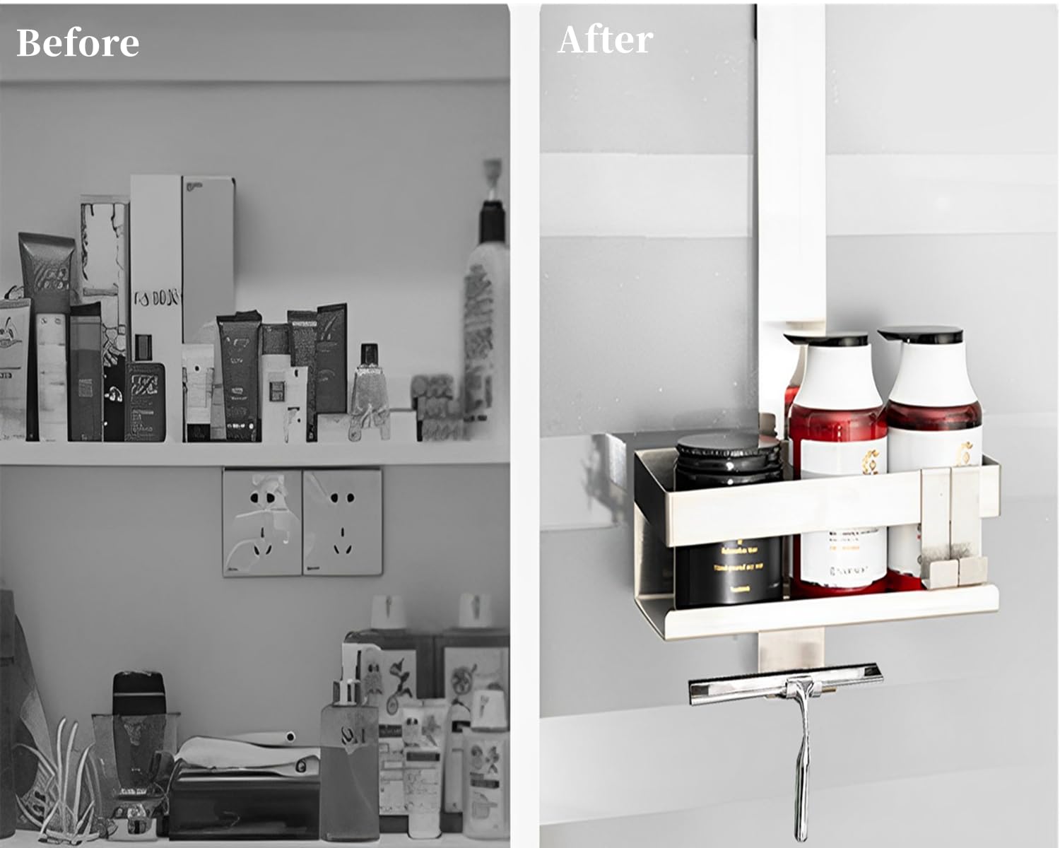 Mensola Doccia Senza Foratura, Mensola per Doccia Adesiva Angolare Rettangolare in SUS 304 Acciaio Inox con 2 Ganci, Accessori da Bagno, Organizer per Bagno, Cucina, Foto (Argento - 1 Strati