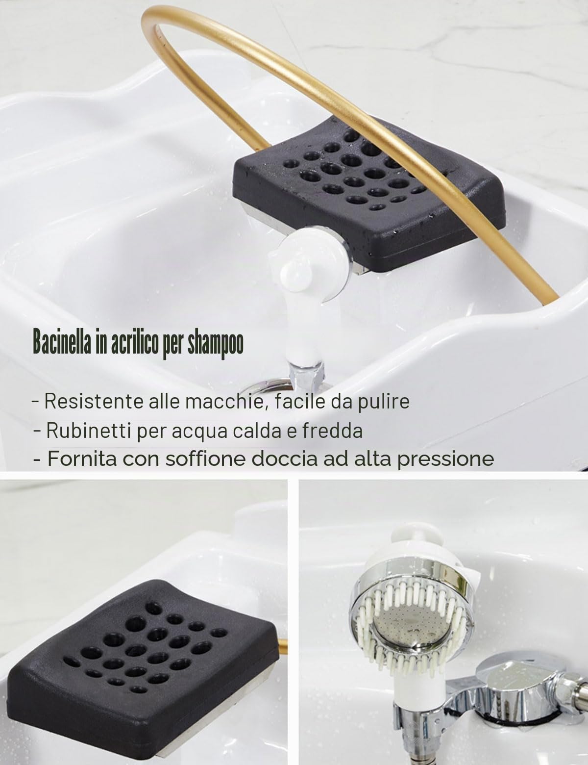 Head-spa dispositivo con cascata e massaggio idro-jet, vaschetta massaggiante professionale con cromoterapia a 7 colori, ideale per saloni, spa e casa (bianco)