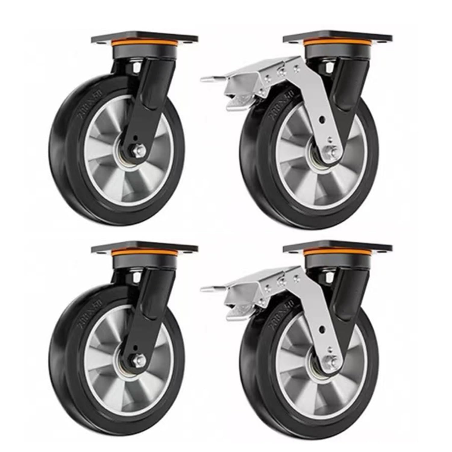 125/150/200mm Roulette Charge Lourde Lot de 4 3000kg Capacité de Charge, Transport Industriel Roue avec Frein, Silencieux roulettes TPR pour Chariot/Bench(2*Swivel+2*Brake,8in(200mm))
