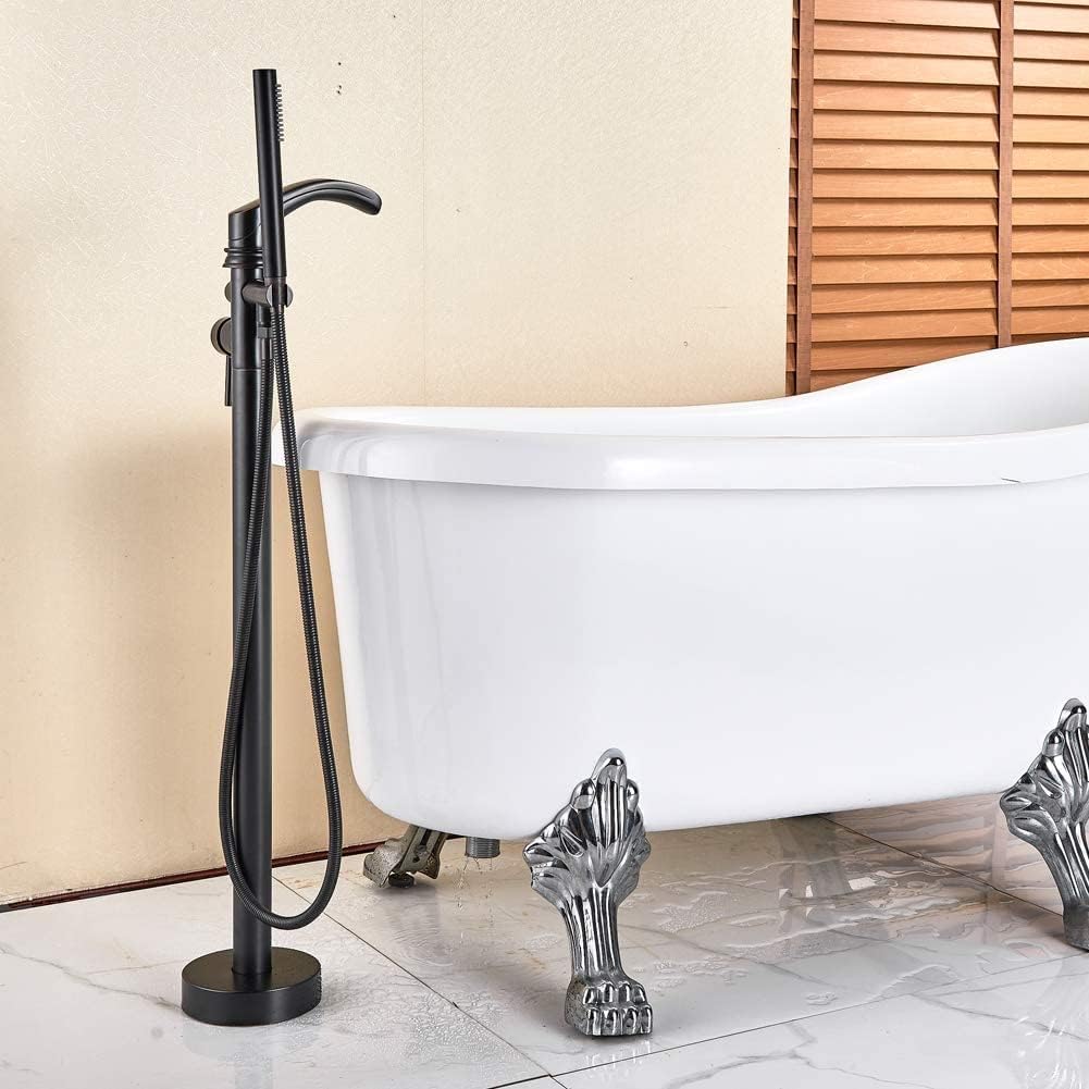 New Product Votamuta Modern Dual Function Floor Mount Tub Filler Freestanding Bathtub Faucet Oil Rubbed Bronze Waterfall High Flow Standing Tub Faucets With Hand Shower Head Mixer Taps
