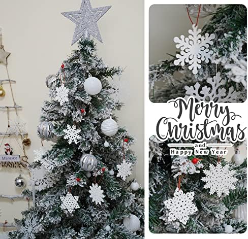 HOUISM Wooden Christmas Ornaments White, 24PCS Christmas Hanging Snowflake Ornaments for Crafting, Wooden Baubles for Kids DIY Craft, Unifinishied Wooden Craft to Paint for Xmas Tree Pendants