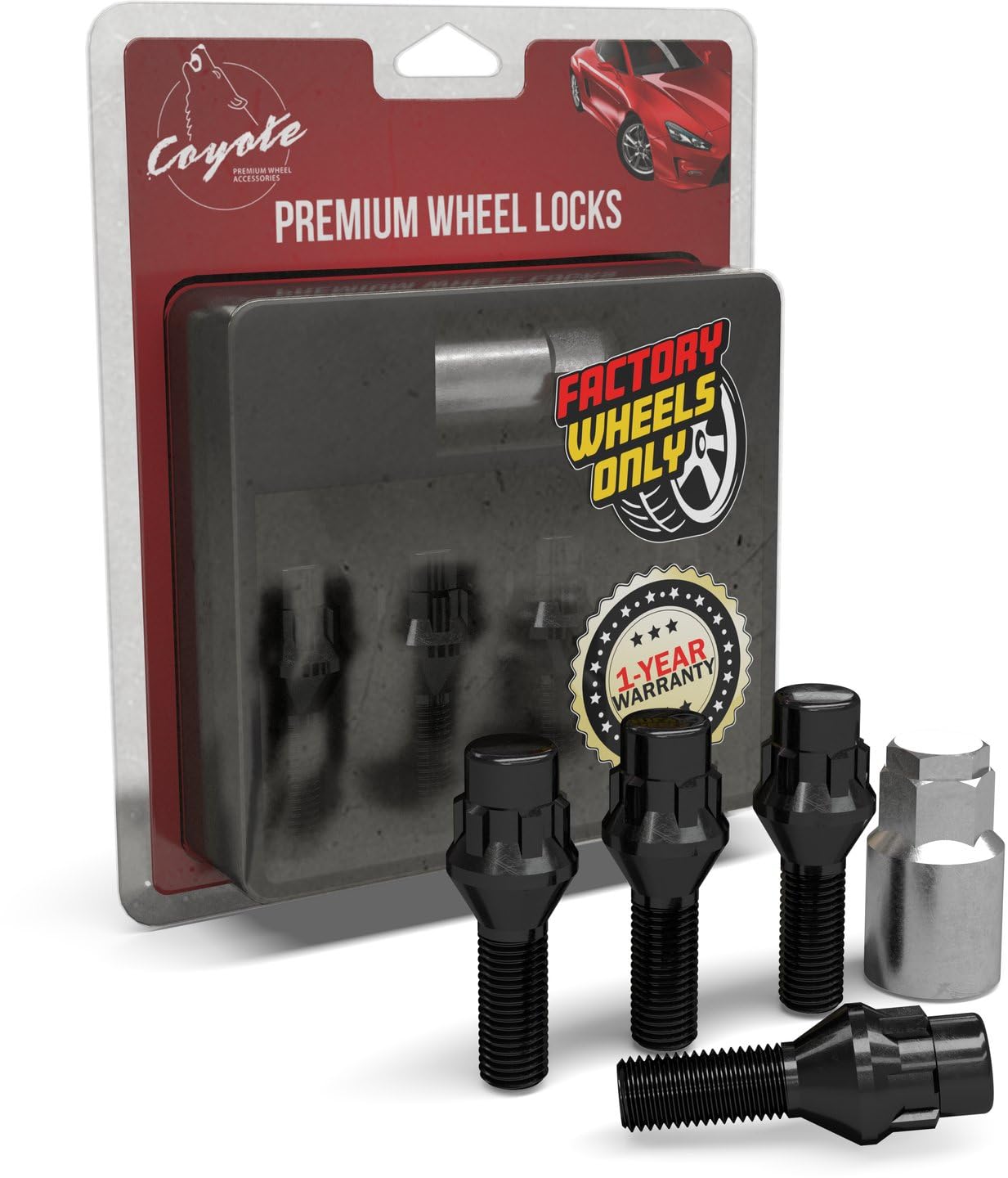 Wheel Accessories Parts 4 Locks + Key M12 x 1.25 12x1.25 Thread Acorn Seat Lug Bolt Lock Black Finish 28mm Shank Length Dual Hex Key 17mm &amp; 19mm fits Dodge Dart ｜ Jeep Cherokee Compass