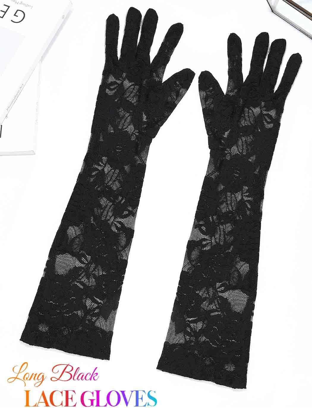 Long Lace Gloves Black Elbow Length Tulle Floral Bridal Gloves Tea Party for Women