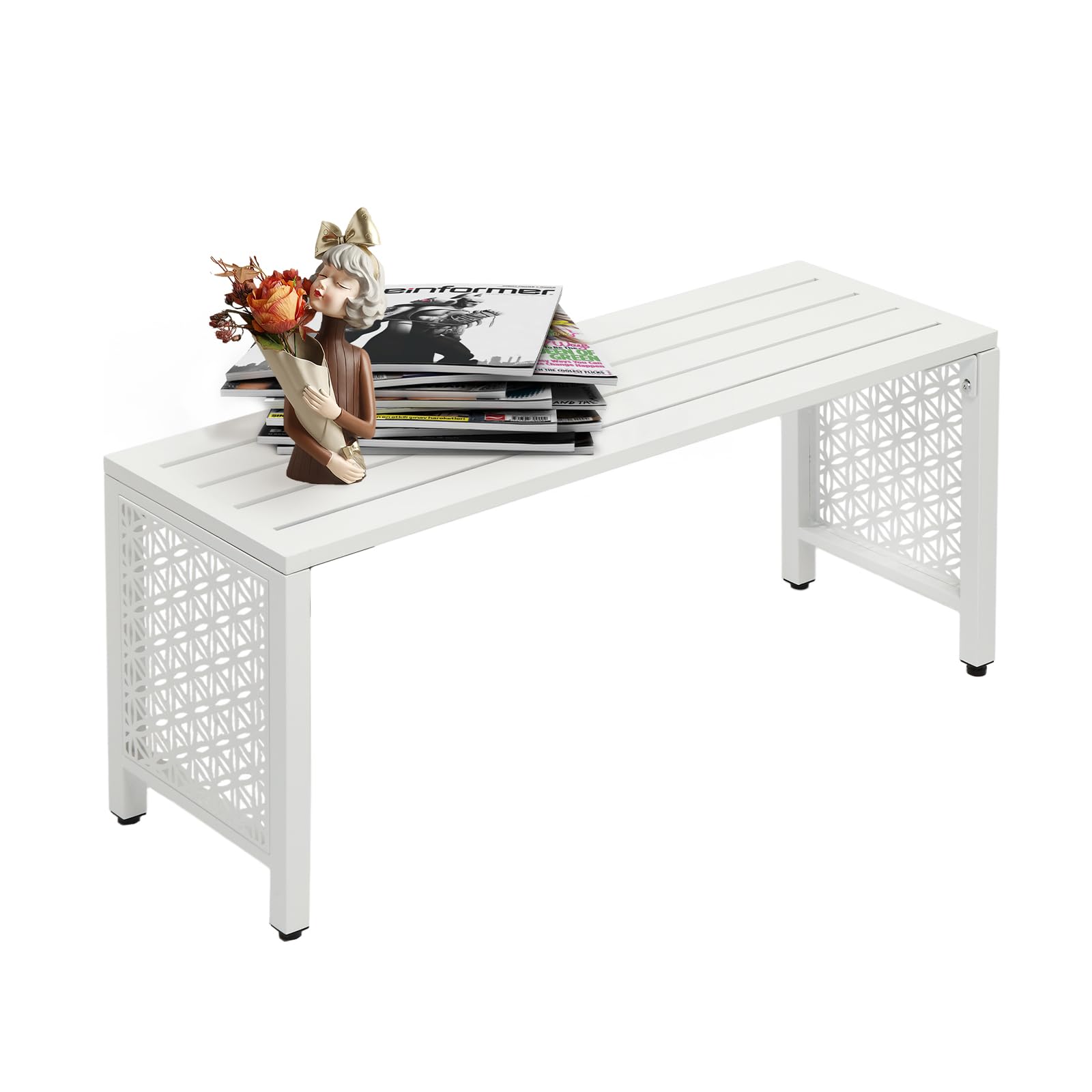 VINGLI 40in Outdoor Metal Bench, All-Weathe Backless Patio Bench with Slatted Seat＆Floral Side Panels, Rust-Resistant Garden Bench, Weatherproof Outdoor Seating for Porch Entryway Backyard (White)