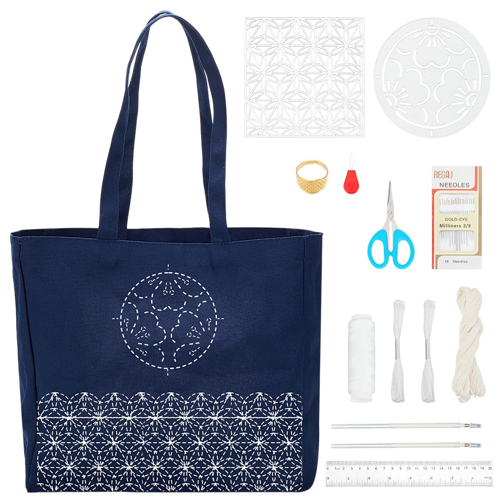 Kit Sashiko DIY Sac à Main Floral - Broderie Japonaise Pour Débutants - Tote Bag 34x31x12cm Avec Tout Le Matériel Inclus