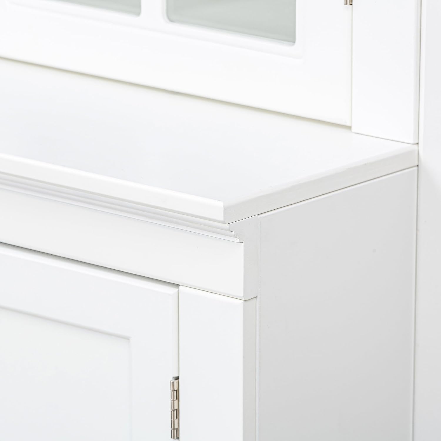 75.25'' Tall Display Cabinet with Single Tempered Glass Door, Hutch Cabinet with Double-Action LH & RH Door for Living Room, Kitchen, Home, Studio or Workspace, White