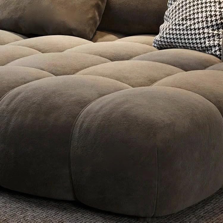 Image of Modern Classic Cloud Puffy Velvet Sofa Tufted Structure Round Arm L-Shaped Sofa Set Supported Round Back with Throw Pillows for Living Room, Hallway Apartment (3+1 & footrest Brown)