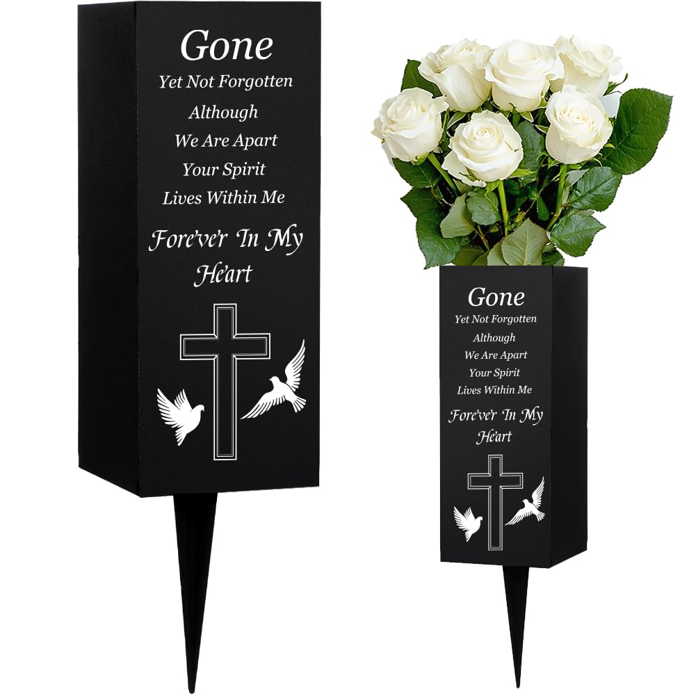 WEBEEDY Jarrones de cementerio de metal para flores de cementerio con puntas, patrón de cruz de palomas signo de memoria de tumba decoraciones conmemorativas de cementerio, 8 x 20 cm (Forever in My