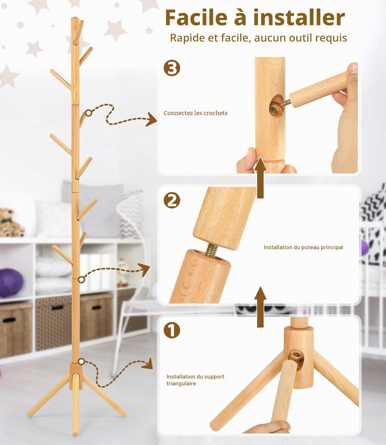 Porte-manteau en bois de hêtre pour enfants – Support à hauteur réglable avec 9 crochets, organiseur de vêtements pour enfants autonome pour couloir, chambre à coucher, assemblage facile
