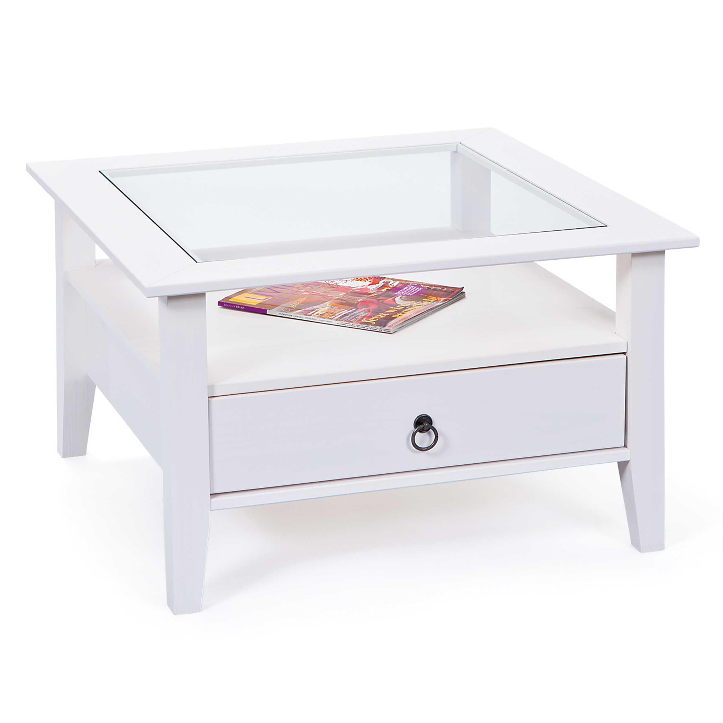Inter Link - Couchtisch - Massivholztisch - Wohnzimmertisch - Sofatisch - Kiefer Massiv - mit Glasplatte - 1 weiß gebeizte Schubladen - 115 x 60 x 45 cm - Provence 1