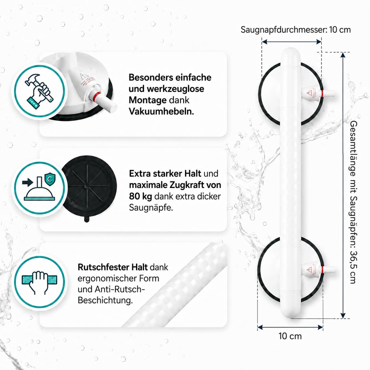 Magicbox Haltegriff mit Saugnapf für Dusche & Badewanne, 36.5 cm Duschgriff ohne Bohren mit Vakuum-Pumpe, 10 cm Saugnäpfen, rutschfestem Griff & Warnanzeige für Senioren