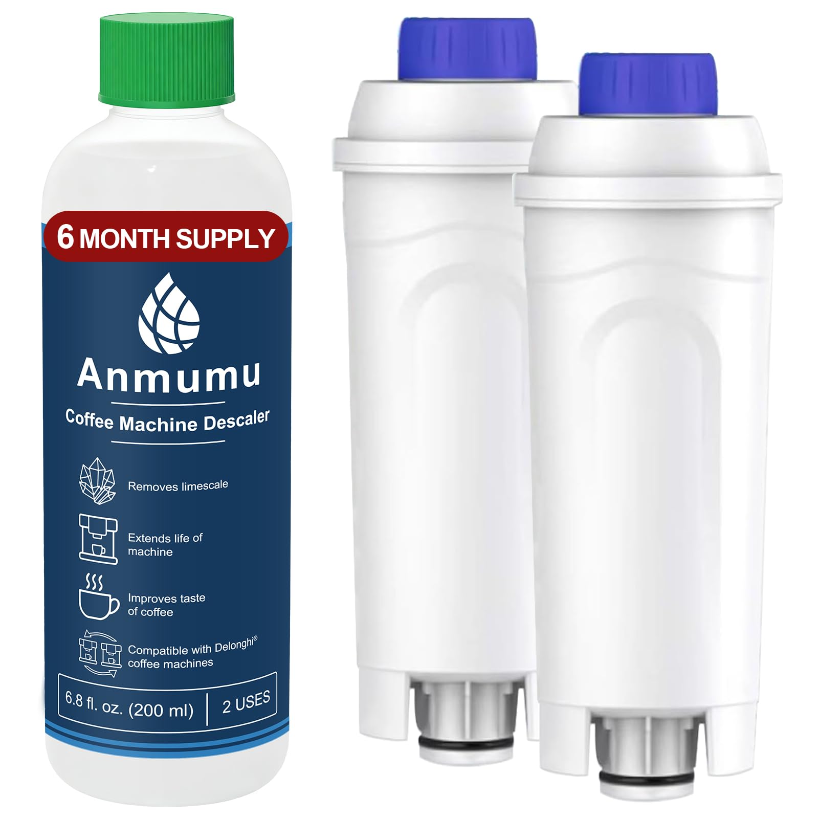 Delonghi* Compatible Cleaning&Descaling Kit - 1 Bottle 200ML Descaling Solution with 2 Pack Coffee Filter Replacements DLSC002,Fits ECAM,Esam,ETAM Coffee Machines