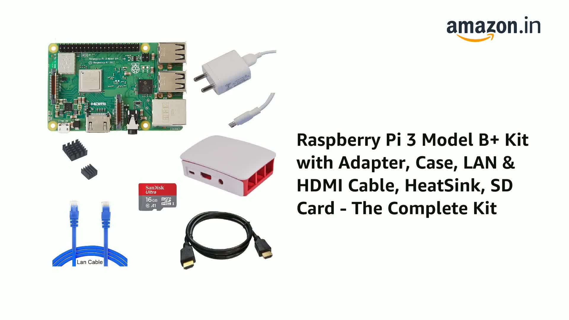Raspberry Pi 3 Model B+ Kit with Adapter, Case, LAN & HDMI Cable