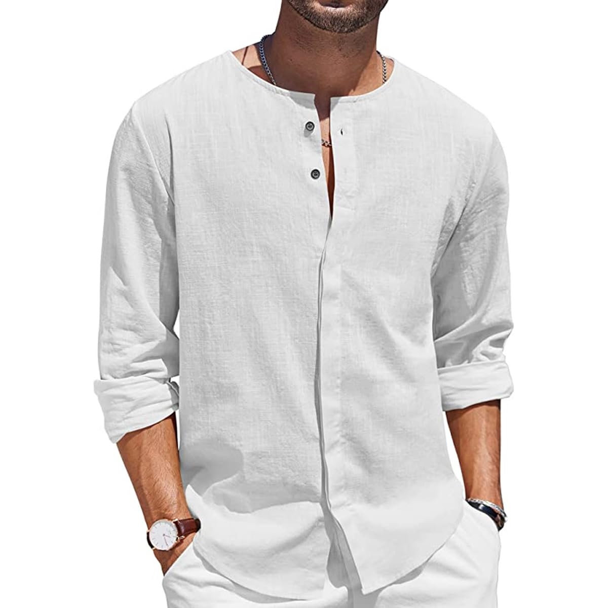 GAMIRA Camisas Informales de Lino y algodón para Hombre, Camisetas de Playa Hippie de Manga Larga, Tops Casuales de Playa sin Cuello