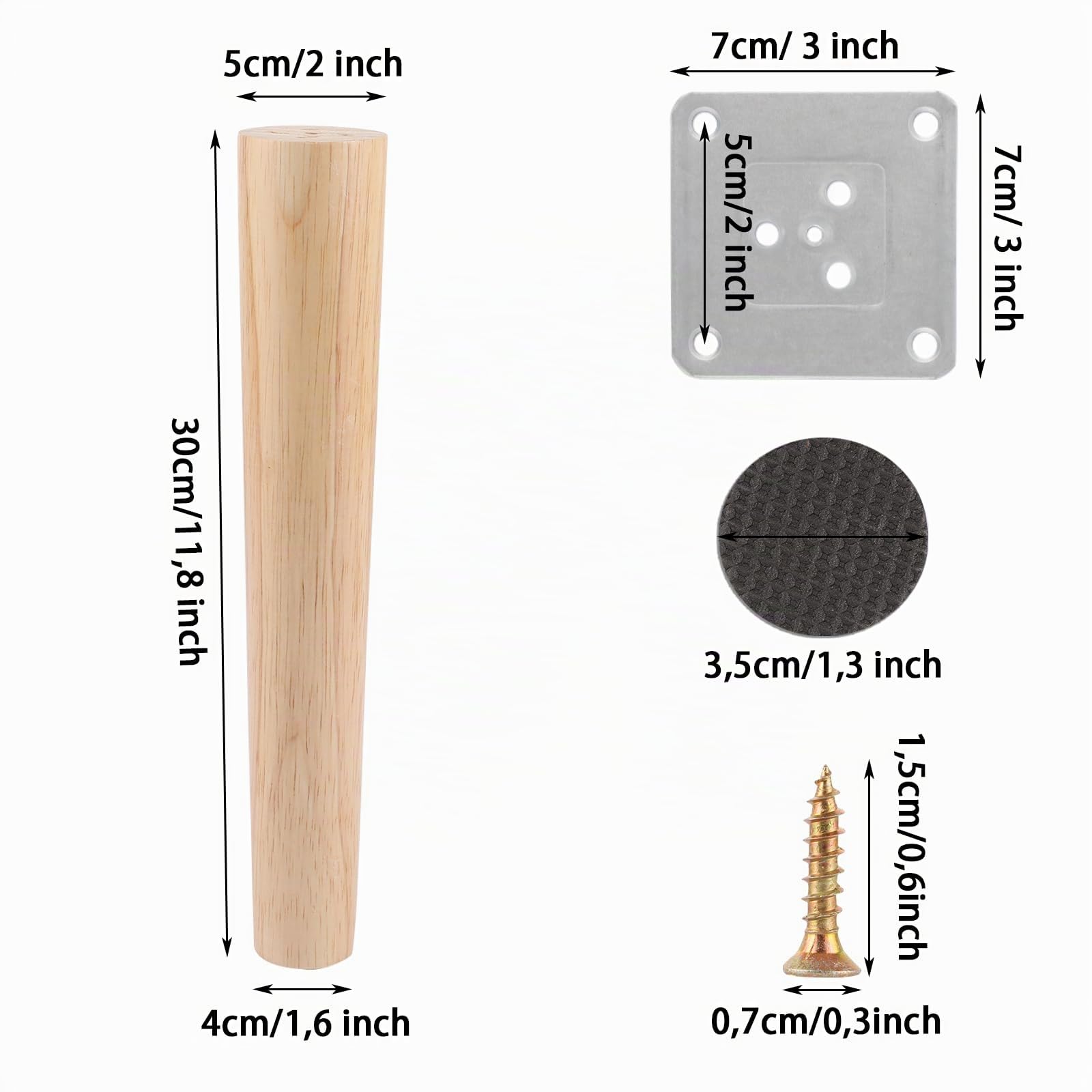 AKOLAFE 4 patas para muebles de madera de roble, 30 cm, patas de madera robustas, patas de muebles redondas, con placas de montaje y tornillos, para cama, armario, silla, mesa