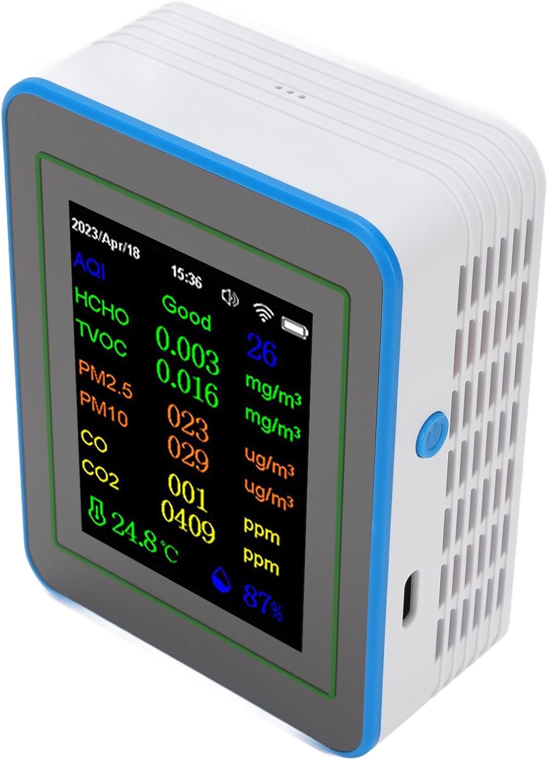 WALFRONT 12 in 1 Air Quality Meter WiFi CO2 TVOC PM2.5 PM10 HCHO Temp Humid Smart Indoor Air Quality Monitor with Large Screen for Tuya APP Real Time Data History Curve Timer Alarm (White and Blue)