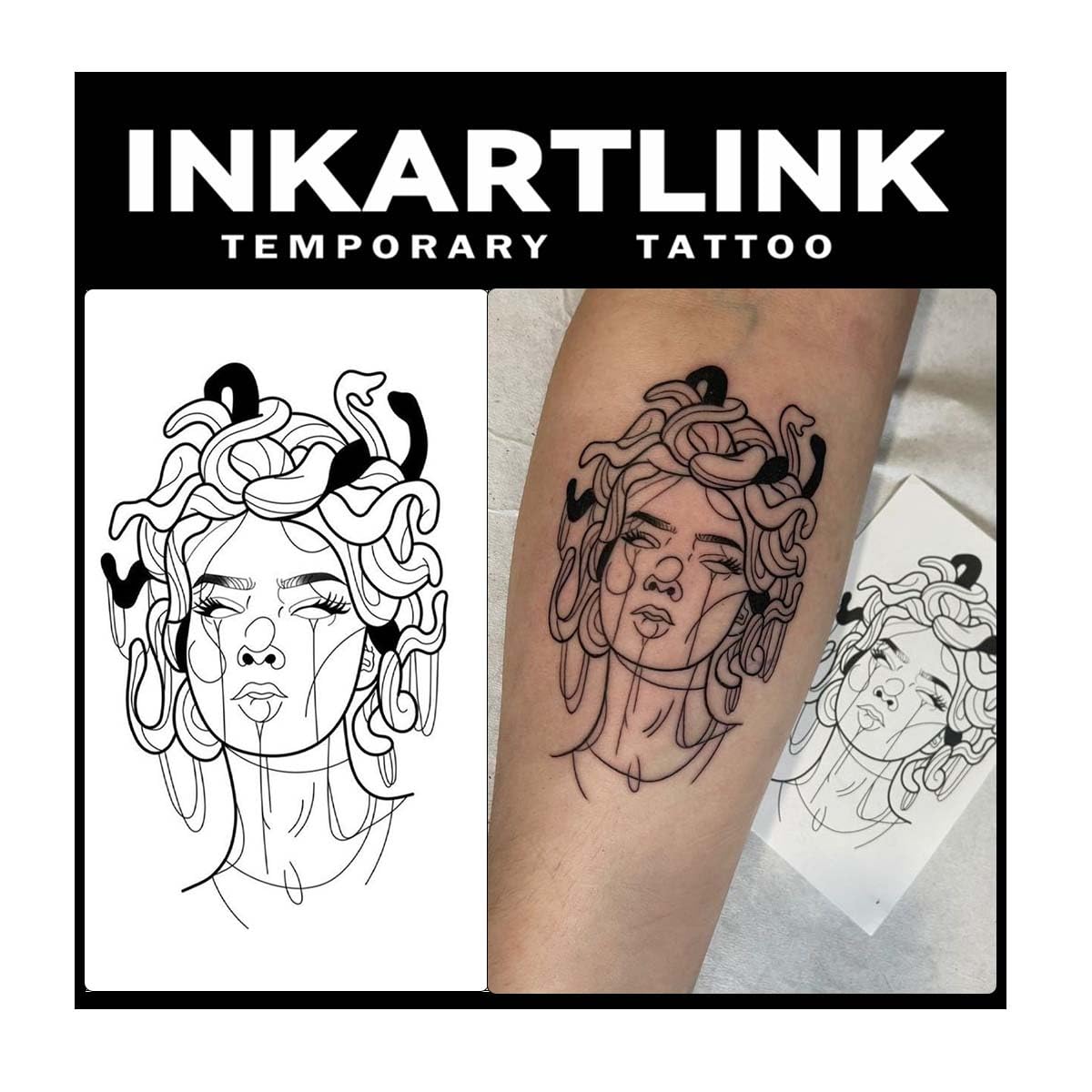 Temporary Tattoos, 2 Sheets large Semi Permanent Tattoo Adult Art Waterproof Temp Tattoo Party Favors Tattoo Stickers Realistic Look, No Adhesive, Lasts 1-2 Weeks Black (Medusa)