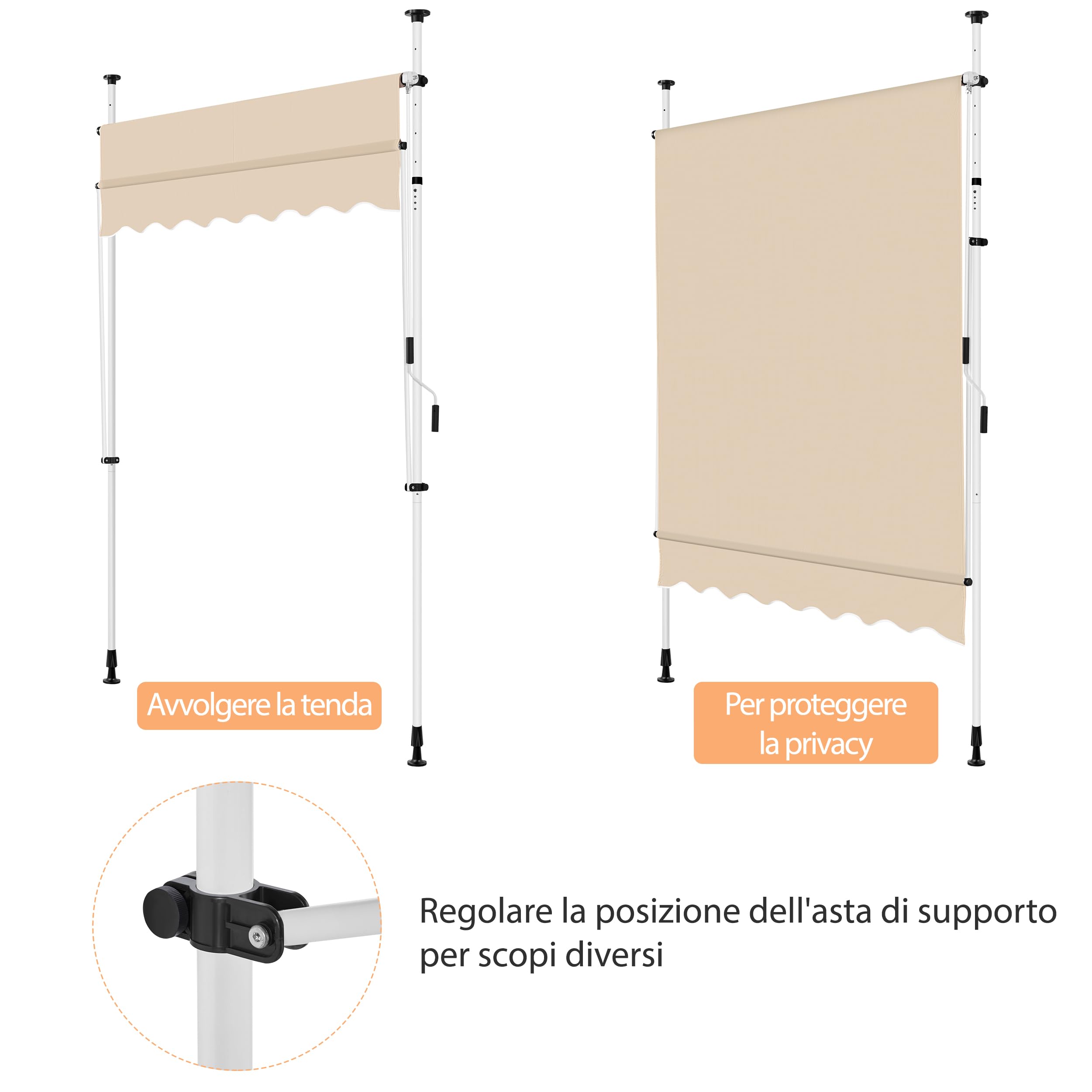 Yaheetech Sonnensegel für Balkon im Freien Veranda mit Armen, ausziehbar mit Verstellbarer Kurbel, einziehbar, UV-beständig, Teleskoprahmen ohne Bohren, 200 x 120 cm, Beige
