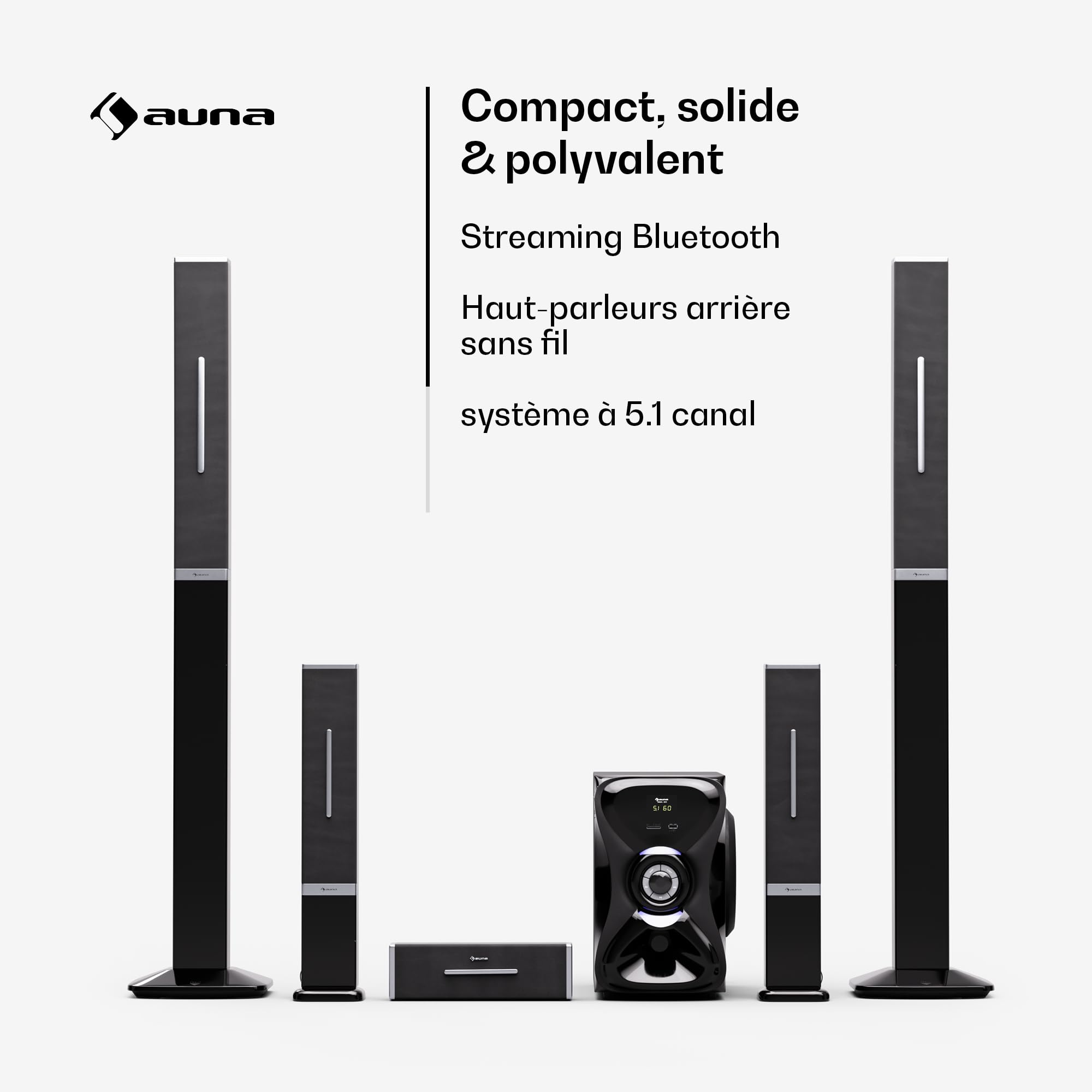 AUNA Areal 825 Home Cinema 5.1 sans Fil - Bluetooth, Subwoofer 100W, Éclairage RVB, Ports USB/SD, Entrée AUX & Optique, Enceinte Home Cinéma avec Télécommande