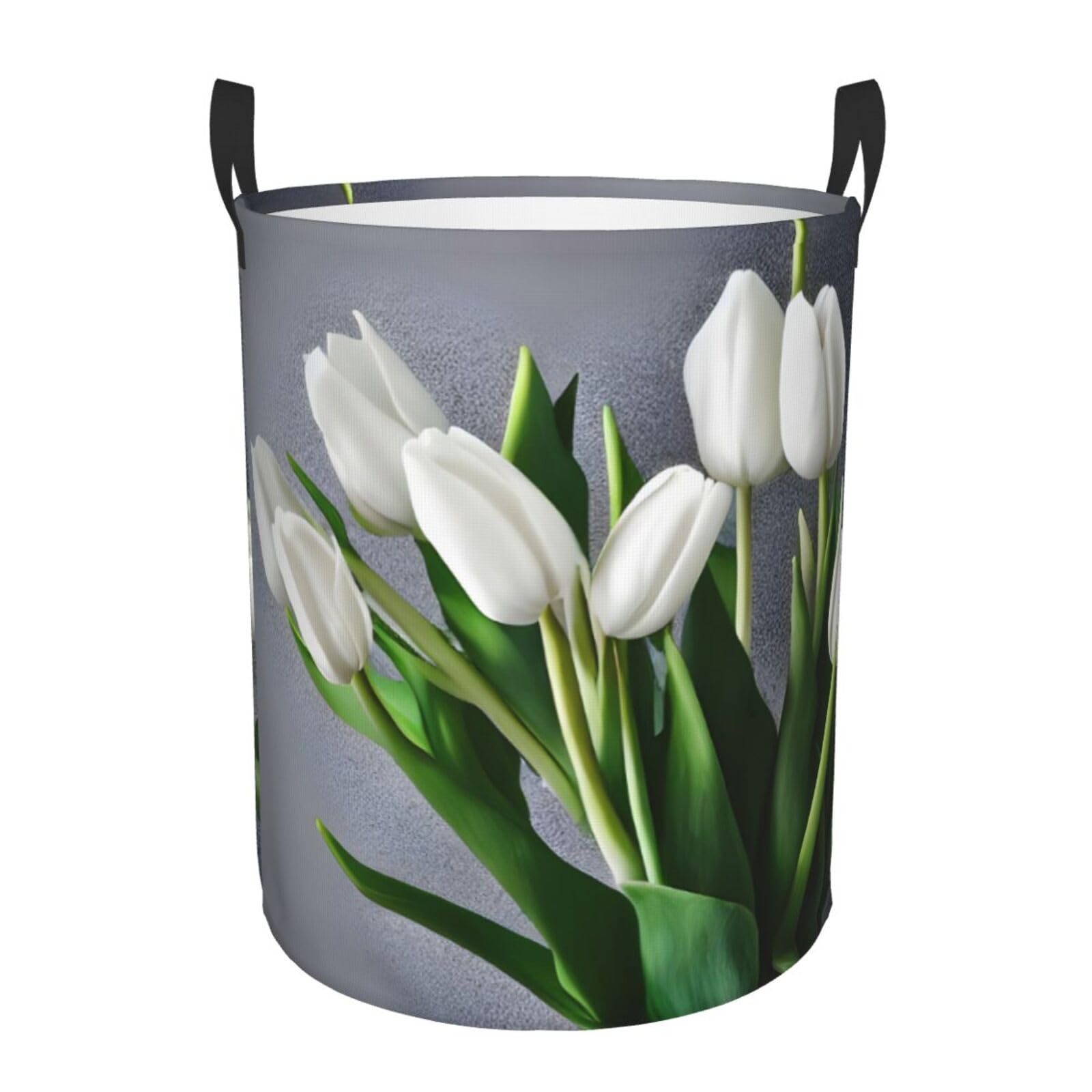 S Collapsible Laundry Hamper Round White Tulips Flowers Print Storage