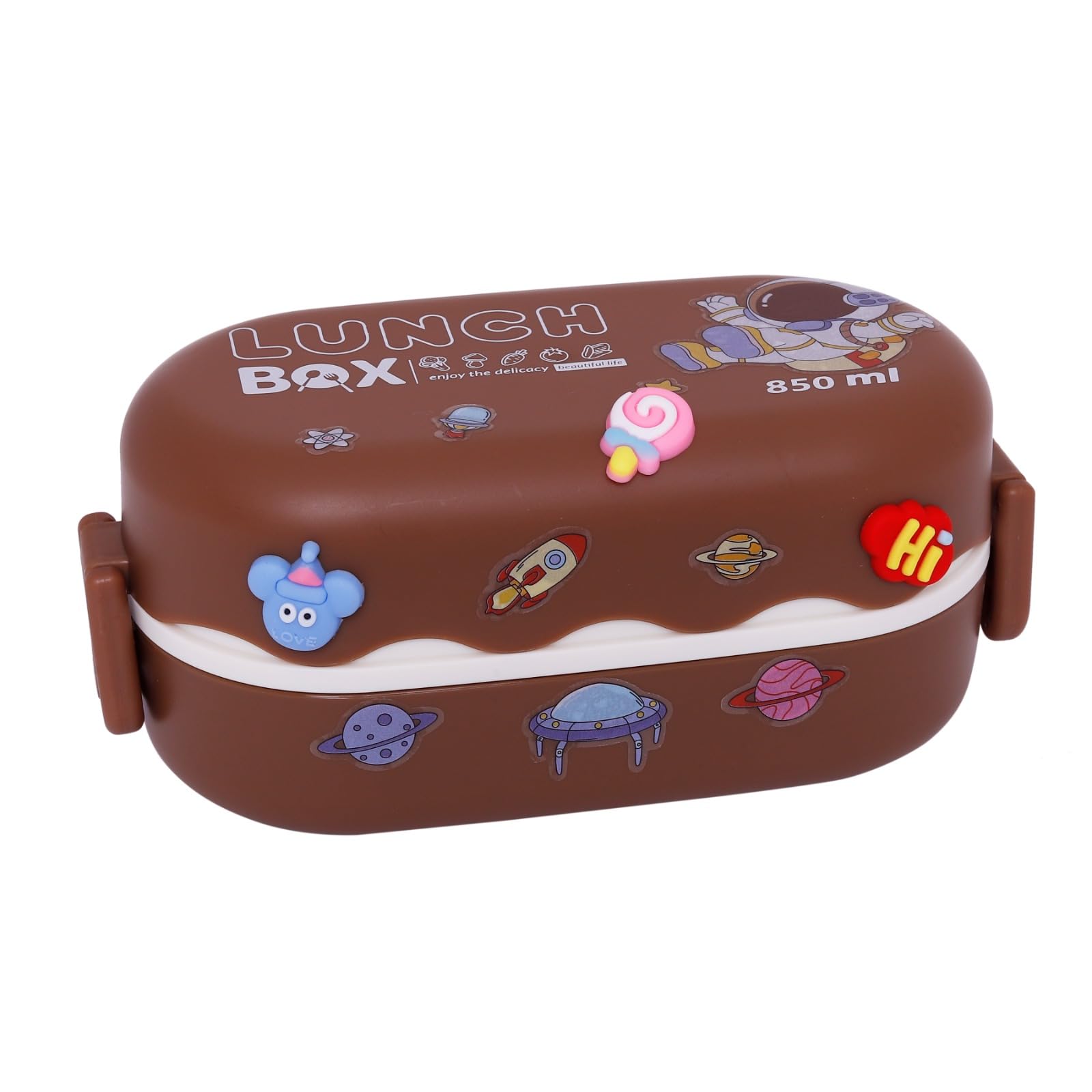Double-Layered Bento Microwaveable Plastic Lunch Box Two Compartments with Spoon BPA Fre 850 ML with DIY Cute Stickers (Brown)