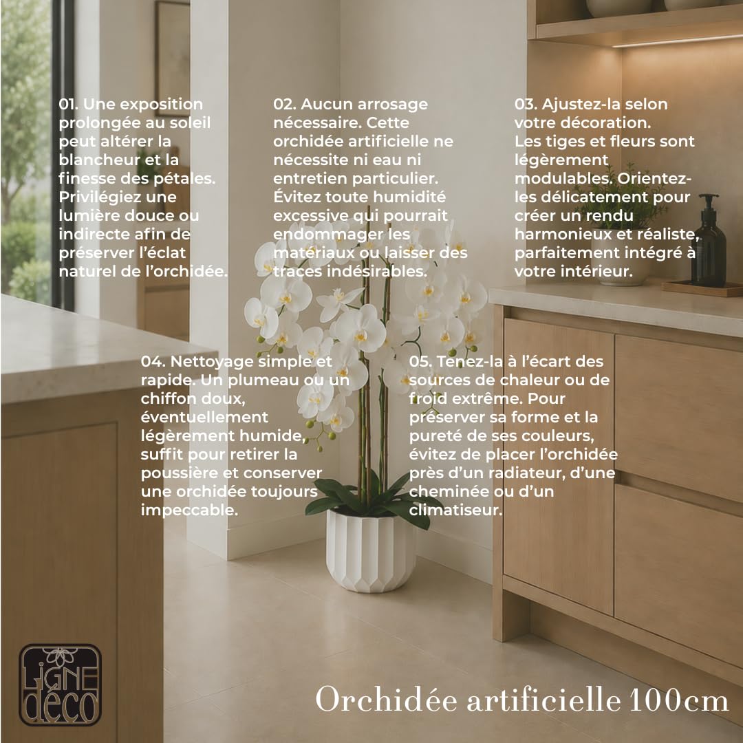 Ligne Déco - Orchidée Artificielle 100cm | Pot Plastique Blanc Intérieur Imitation Terre