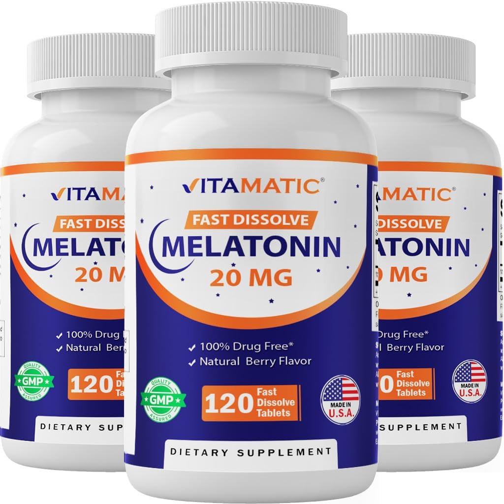 Melatonin 20 mg Tablets | Vegetarian, Non-GMO, Gluten Free | HIGH Potency 20 MG | Natural Berry Flavor (1/2 Tablets = Melatonin 10 mg) (120 Count (Pack of 3))